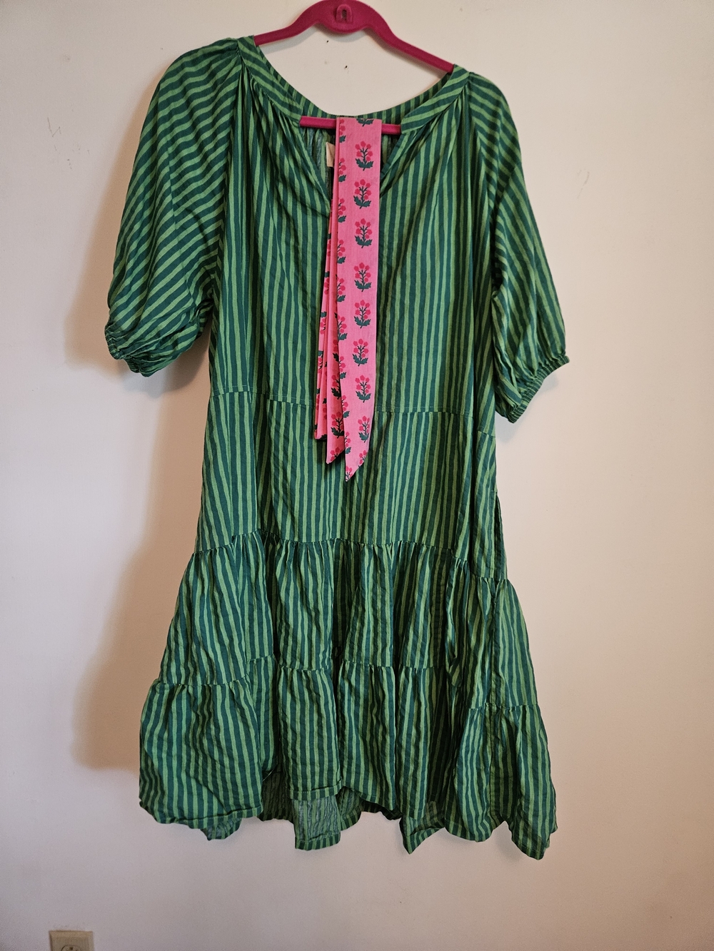 Printfresh Striped Short Sleeve Tiered Dress with Pink Belt - Picture 2 of 7